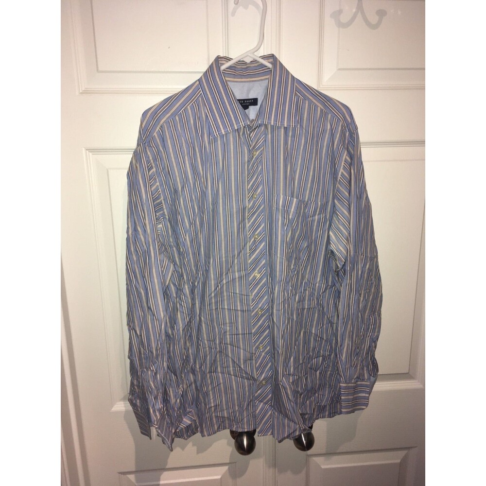 Ted Baker London 17 34/35 Blue Gray Striped Long Sleeve Men's Shirt Button Up